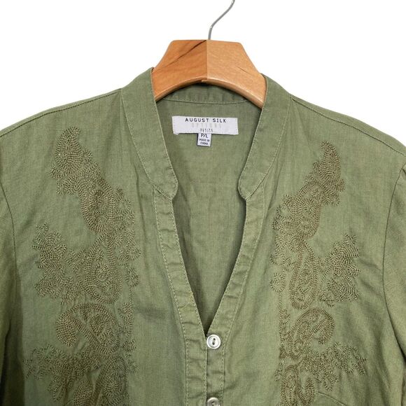 August Silk Options PL 100% Linen Green Blouse Floral Embroidered Button Up Top - Picture 4 of 13